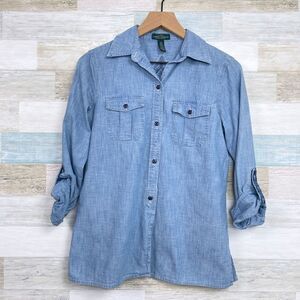 LRL Ralph Lauren Southwestern Embroidered Chambray Shirt Blue Aztec Womens XS